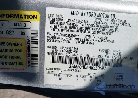 2017 Ford Fusion Se from USA, damaged, VIN 3FA6P0HD6HR350697